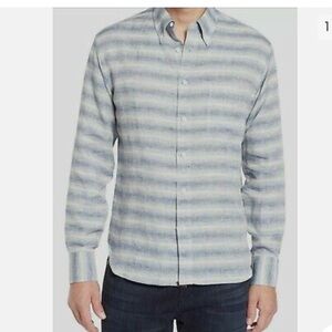 Billy Reid Blue Striped Linen Blend Long Sleeve Button Up Shirt